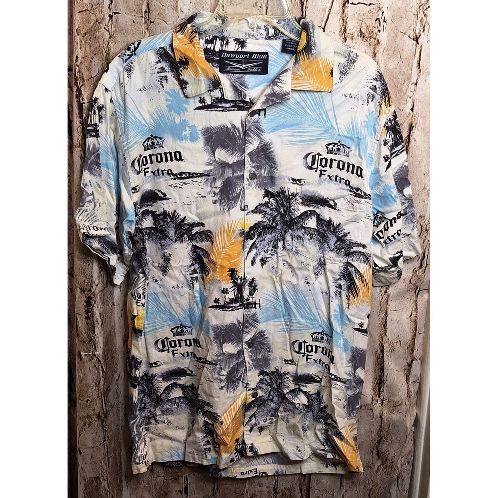 Newport Blue Men's Large "Corona‎ Extra" Tropical Button up Short sleeve Shirt
